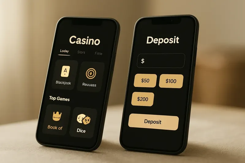 Two smartphones displaying dark casino app lobby and deposit screen