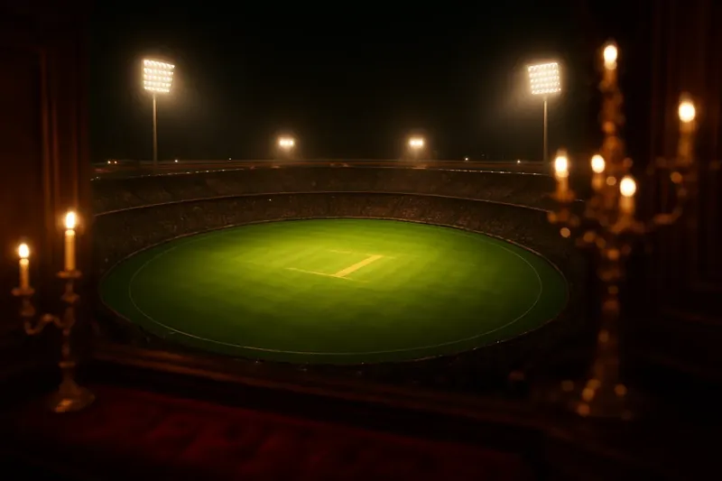 Aerial view of illuminated cricket stadium with packed stands at night