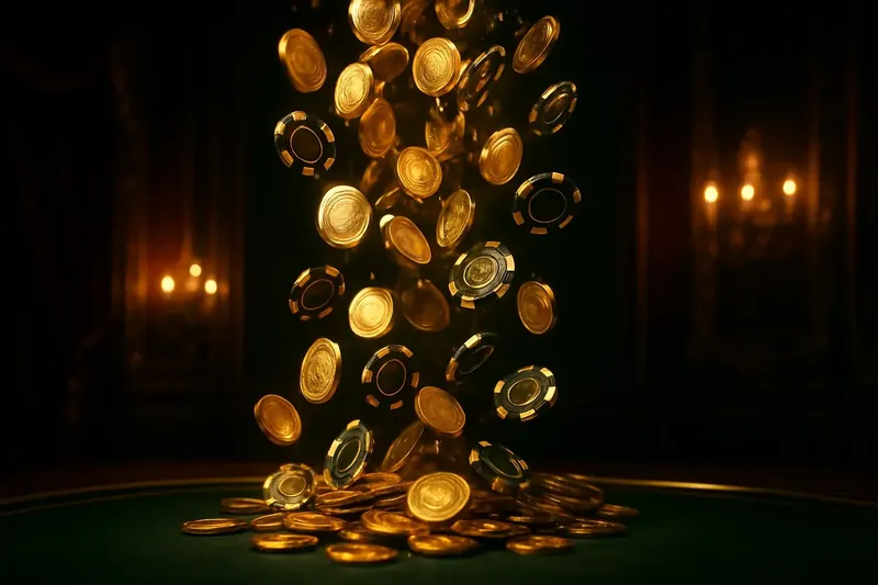 Golden coins and casino chips falling with green neon lighting