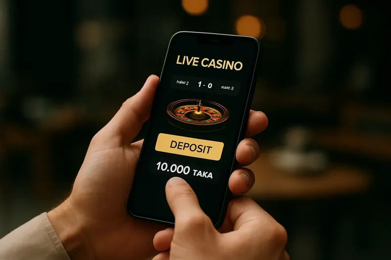 Man typing on smartphone with casino app in evening cafe