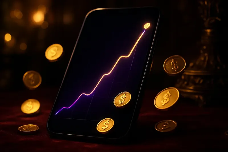 Mobile crash game interface with glowing curve graph and scattered coins