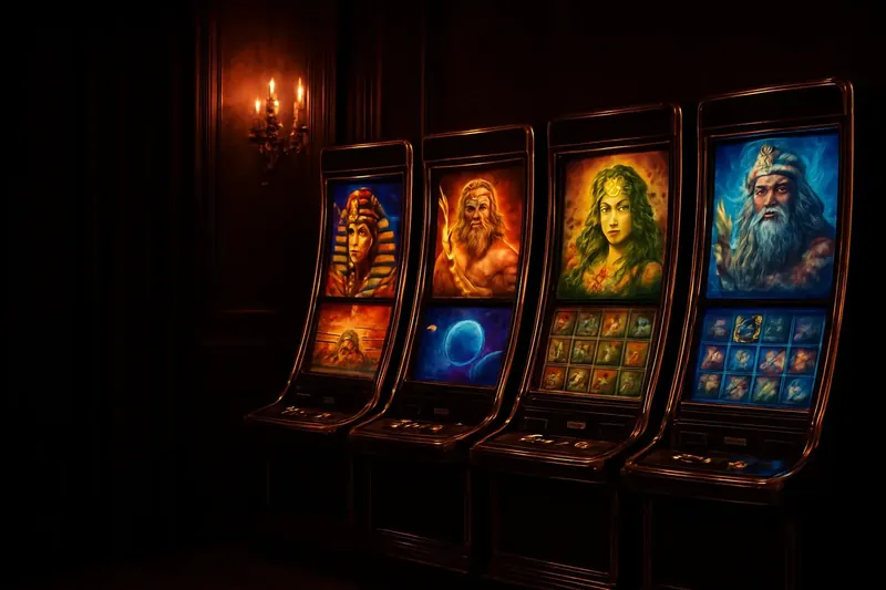 Modern Slot Machine Bank Five vivid video slot screens with neon lighting and themed graphics